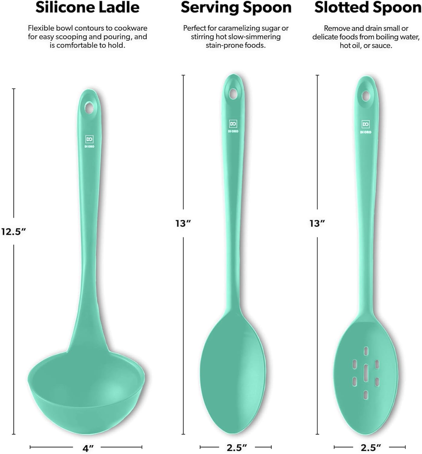 DI ORO Silicone Ladle & Spoons for Cooking – Large Kitchen Spoons for Mixing, Serving, & Stirring - Soup Ladle with Wide Bowl - High Heat Silicone Kitchen Utensils for Nonstick Cookware Safe (Mint)