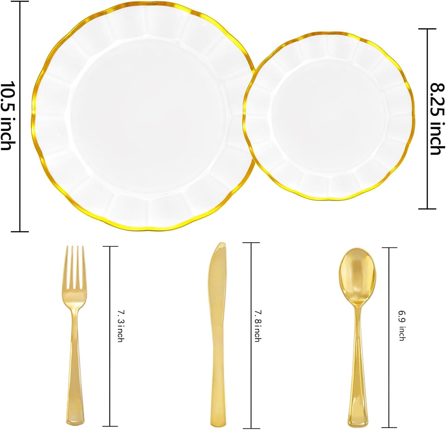 EI 150pcs White Plastic Plates with Gold Plastic Silverware,Disposable Plate Heavy Duty,White Dinnerware Set,Elegant Plates for Party,Wedding,Afternoon Tea,Birthday