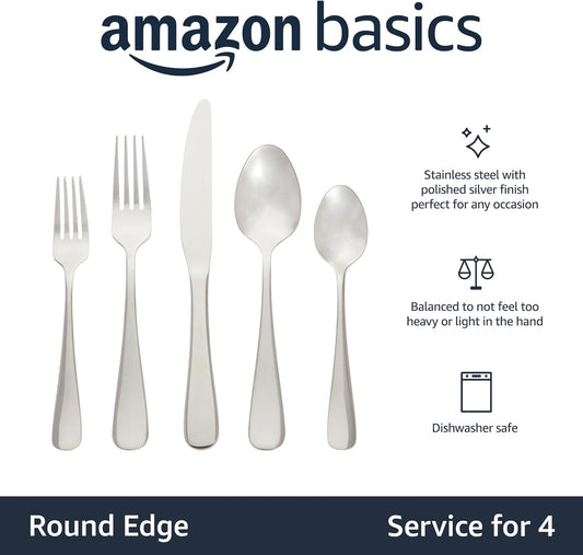 Amazon Basics Silverware Set, Stainless Steel Flatware, Dishwasher Safe, Service for 4, 20-Piece Forks and Spoons, Round Edge
