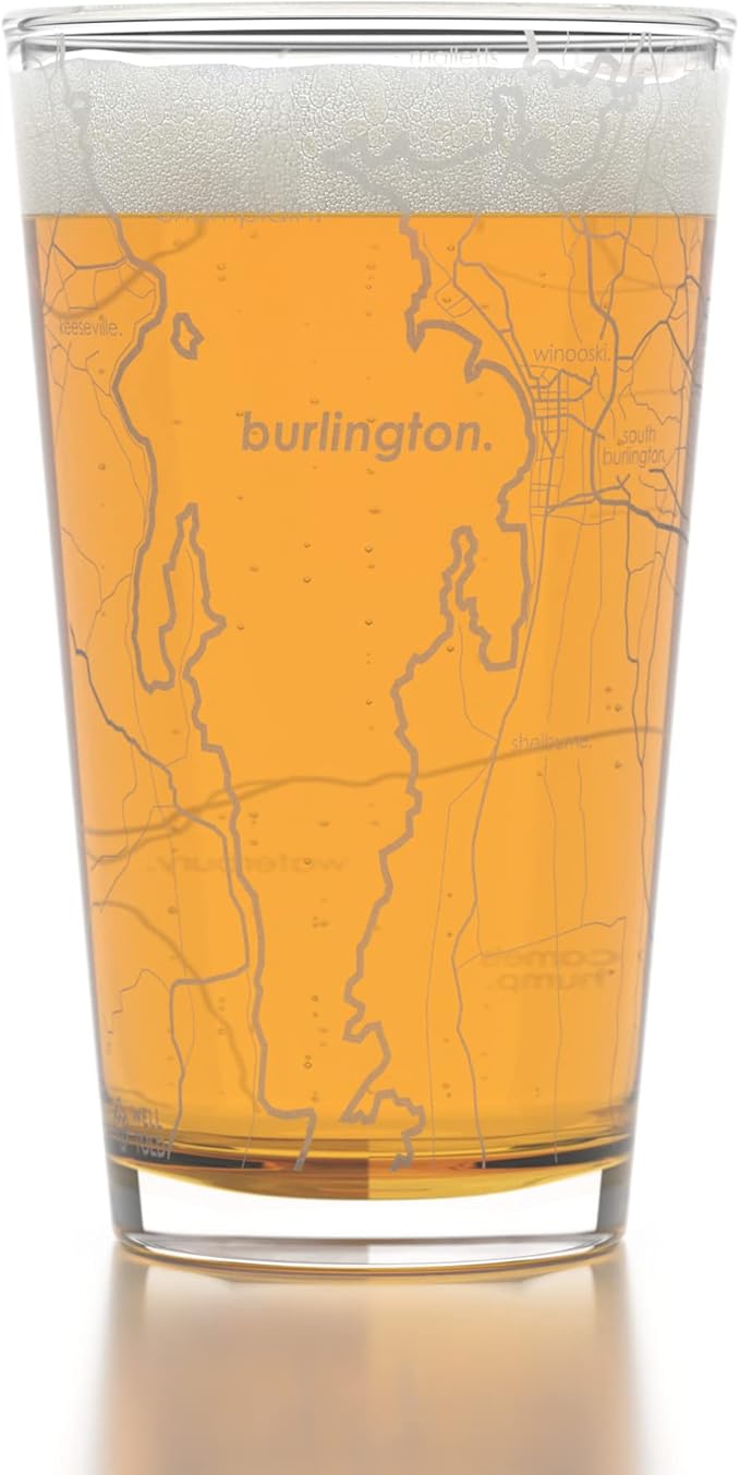 Well Told Engraved Burlington Vermont Map Pint Glass, Etched Beer Gift (16 oz, Clear) City Map Pint, Custom City Glassware, Gifts For Beer Lovers