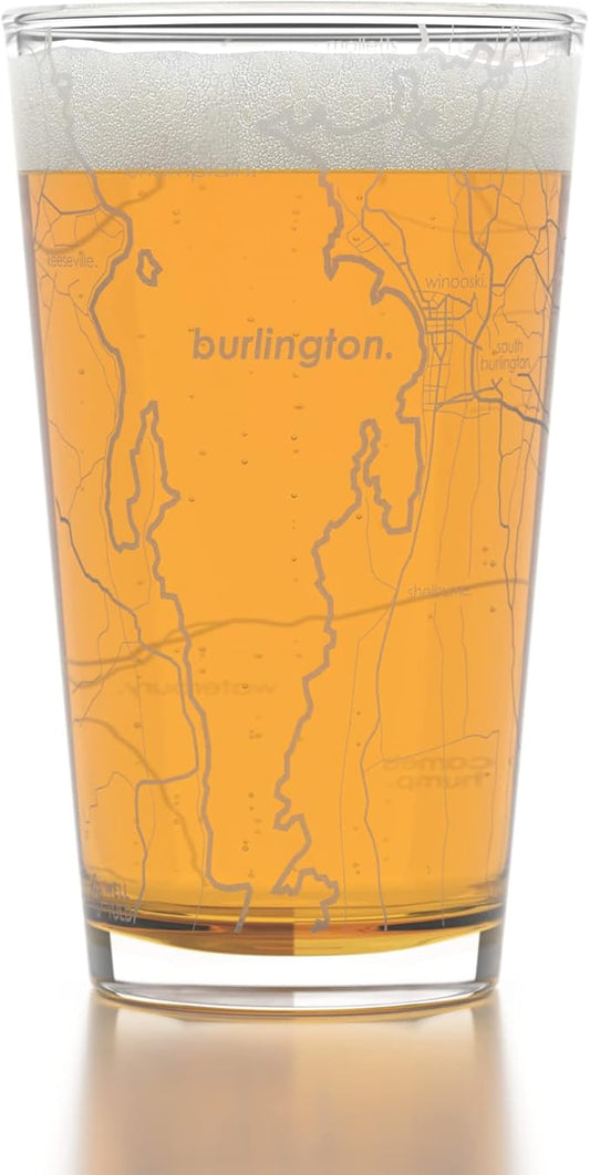 Well Told Engraved Burlington Vermont Map Pint Glass, Etched Beer Gift (16 oz, Clear) City Map Pint, Custom City Glassware, Gifts For Beer Lovers