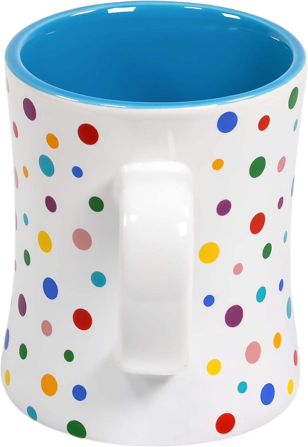 Denim Blue Cute Coffee Mug with Confetti Polka Dot Rainbow Sprinkles | Birthday Cake Coffee Cup Gift |Fun Colorful Pattern | Large White Ceramic Cup with Green, Yellow, Red, Pink, and Blue Sprinkles