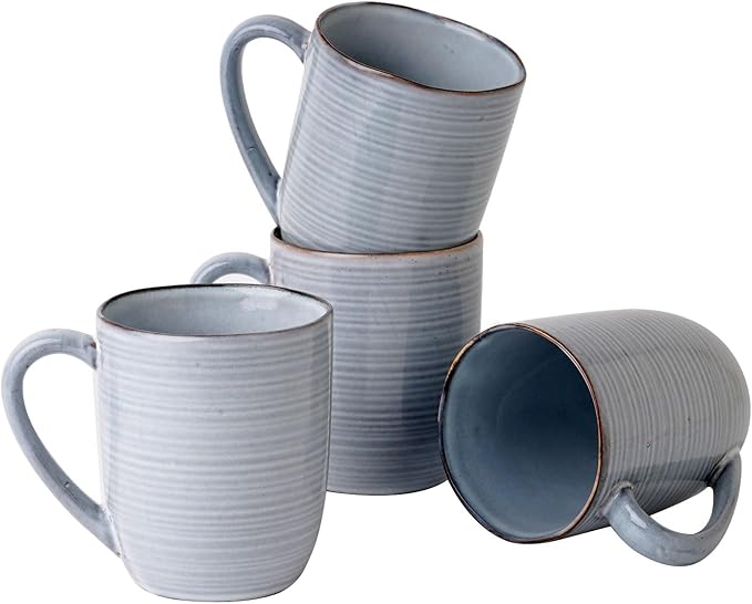 famiware Tempus Coffee Mugs Set of 4, 14 oz Cup Set, Stoneware Mugs with Handle for Coffee, Tea, Cocoa, Milk, Cappuccino, Microwave Safe - Pearl Blue