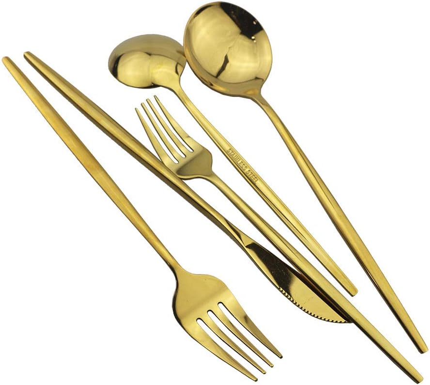 Gugrida Mirror Polished Gold Royal Dessert Fork Salad Forks Medium Forks, Light weight design Stainless Steel Flatware Cutlery Set for 6, 7.28-Inch