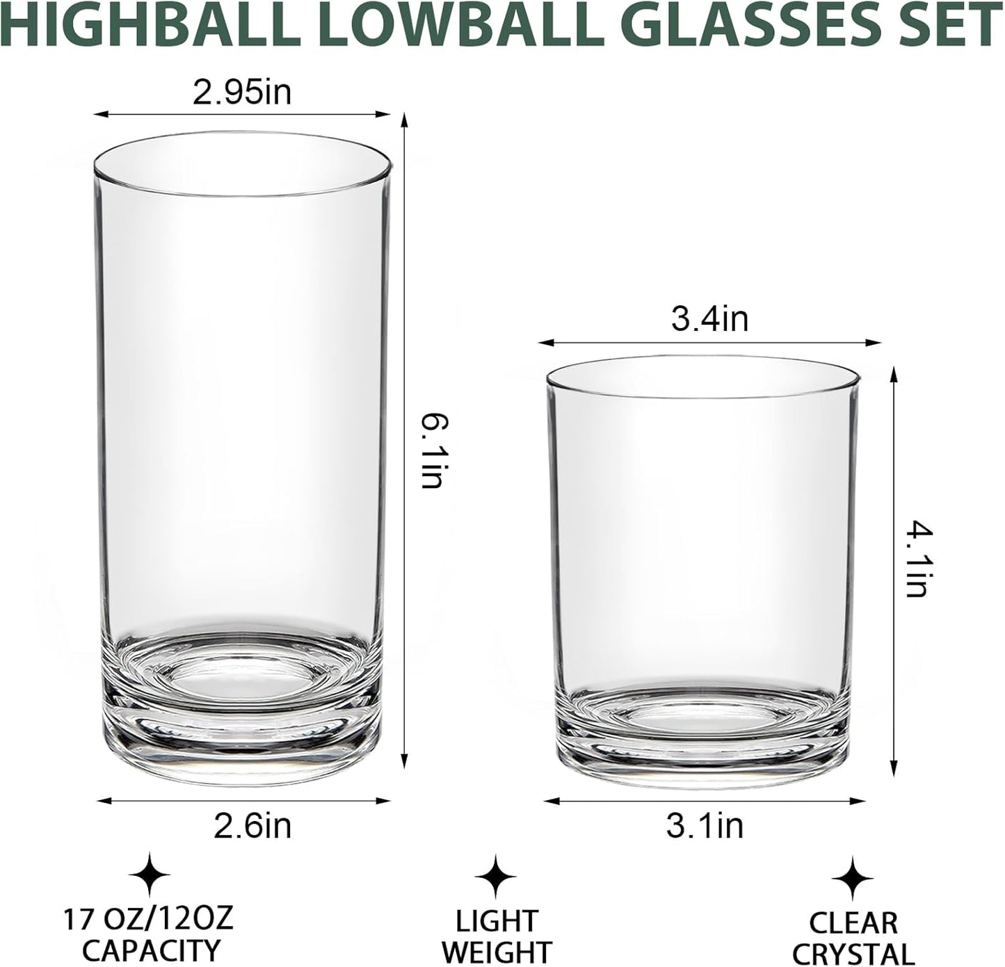Acrylic Drinking Glasses Set of 6 - Clear Unbreakable Plastic Cups Reusable for Kitchen, Poolside & Patio - Shatterproof, Dishwasher-Safe, BPA-Free - 12oz & 17oz Highball Tumblers