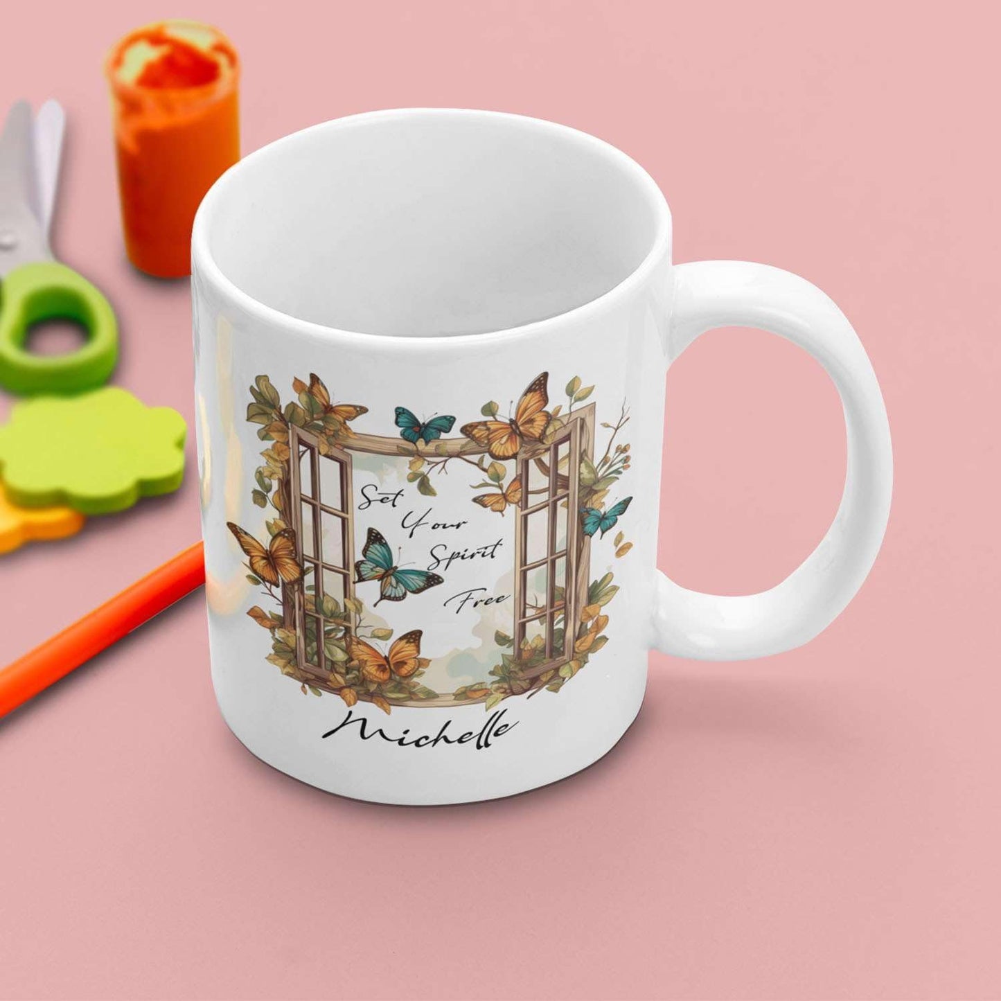 Customized Set Your Spirit Free Travel Mug, Personalized Name On Meaningful Butterfly Coffee Cup Presents For Kids, Custom Cute Animal Tea Cup For Friends Who Love Butterfly