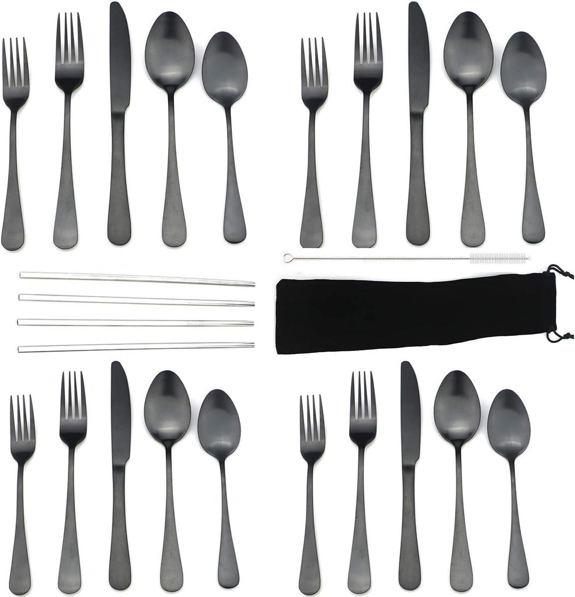JASHII Modern Royal 20 Pcs Matte Black 18/10 Stainless Steel Utensils Cutlery Dinnerware Set w/ 4 Pcs Straw, Knife Fork and Spoon Flatware Set for Wedding Festival Christmas Party Service for 4