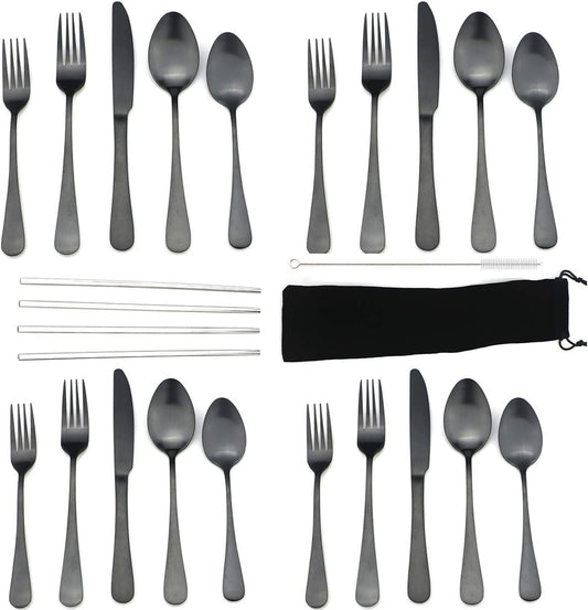 JASHII Modern Royal 20 Pcs Matte Black 18/10 Stainless Steel Utensils Cutlery Dinnerware Set w/ 4 Pcs Straw, Knife Fork and Spoon Flatware Set for Wedding Festival Christmas Party Service for 4