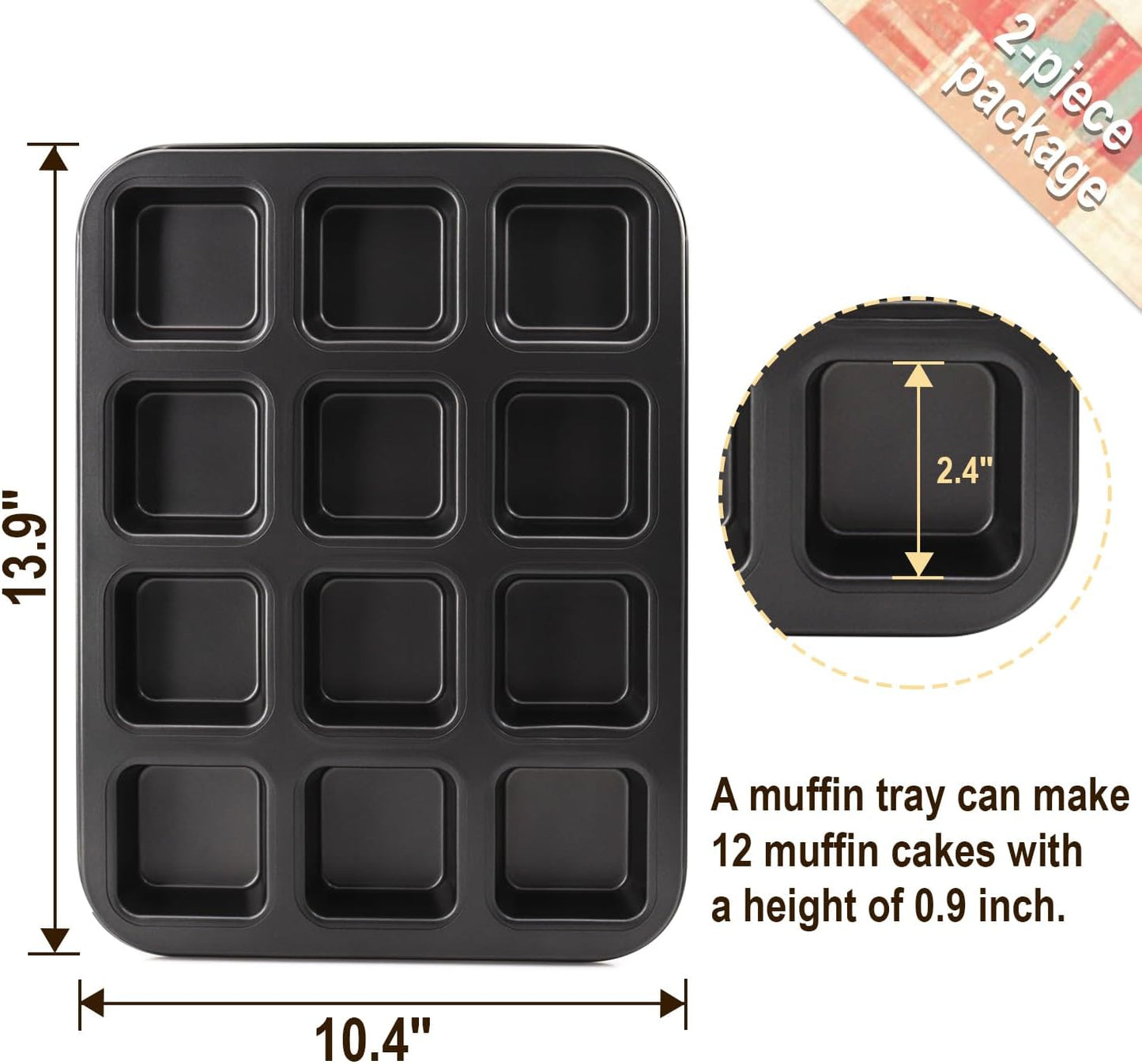 2 Packs Square Muffin Baking Pan, Premium Steel Muffin Pan for Baking, Nonstick Cupcake Tin Cheesecake Pans, Bakeware Muffin Top Pan (12 Cups, Black Grey)