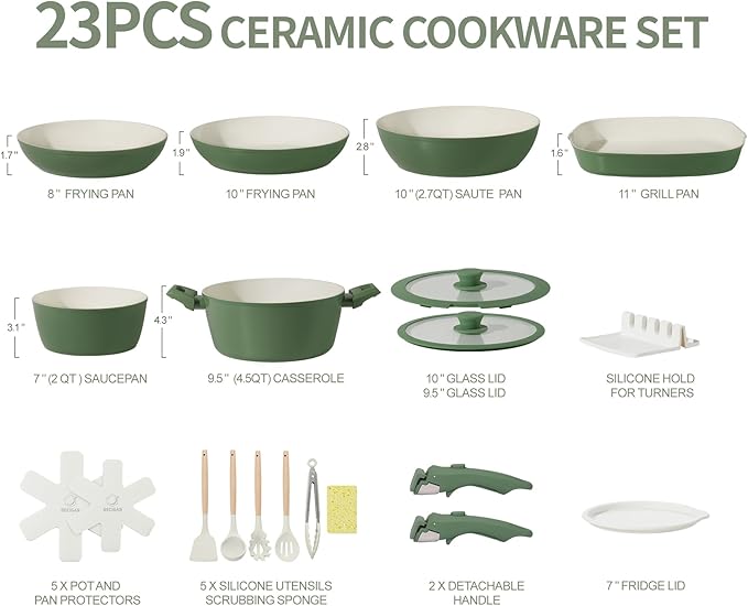 23pcs Ceramic Pots and Pans Set, Nonstick Detachable Handle Cookware, Induction Kitchen Cooking Set with Removable Handle,include Frying Pans & Saucepans Oven Safe(Green)