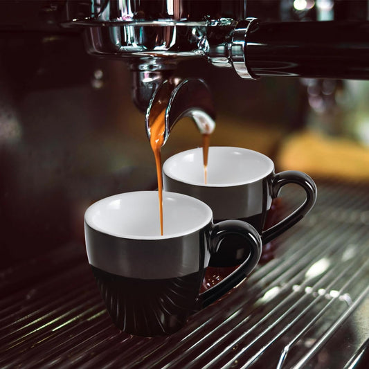 homEdge Porcelain Espresso Shot Cup Set with Saucers and Stainless Steel Spoons - 80 ml / 2.67 oz, Set of 4, Black