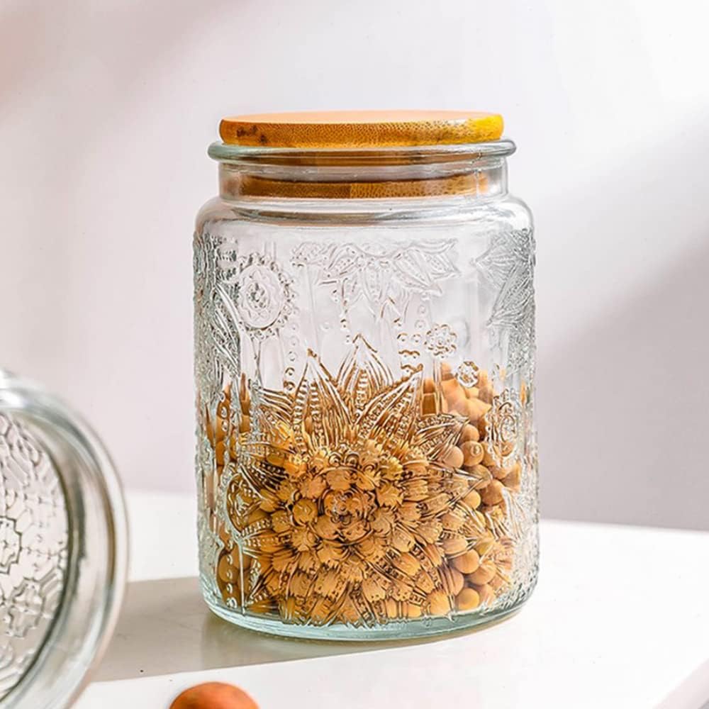 2 Pack Vintage Glass Storage Jar, 23.7 FL OZ Glass Food Storage Containers with Bamboo Lid, Candy Jars with Lids for Kitchen Counter, Pantry, Coffee, Tea, Sugar