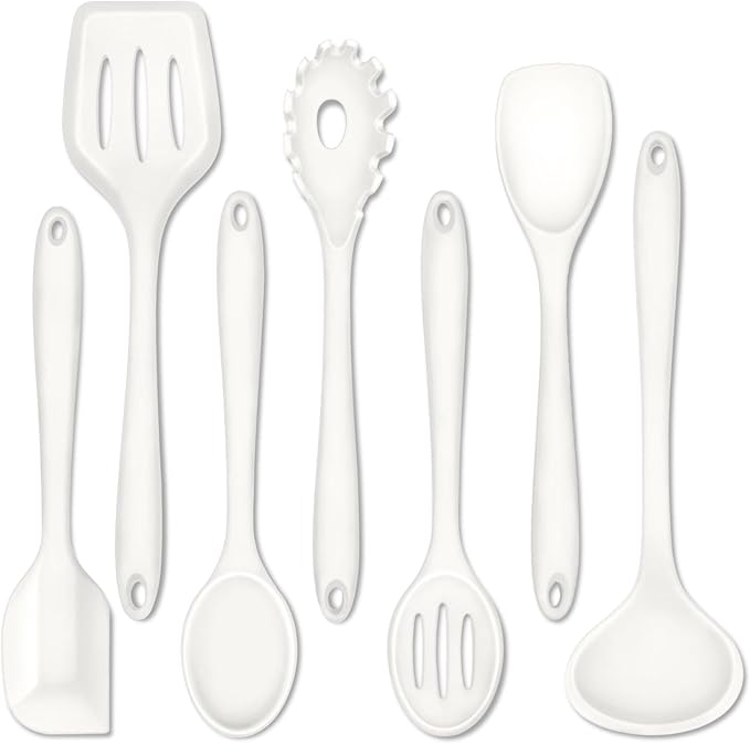 P&P CHEF Silicone Cooking Utensils Set of 7, Heat-proof Kitchen Utensils Set for Nonstick Cookware, Non-stick Spatula, Slotted Turner, Soup Ladle, Pasta Server, Spoon for Cooking Serving - White