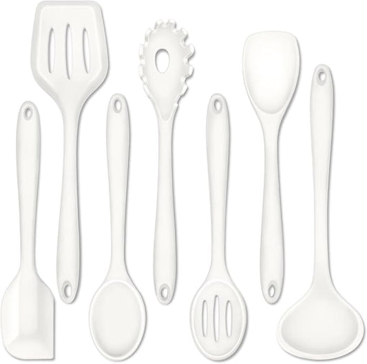 P&P CHEF Silicone Cooking Utensils Set of 7, Heat-proof Kitchen Utensils Set for Nonstick Cookware, Non-stick Spatula, Slotted Turner, Soup Ladle, Pasta Server, Spoon for Cooking Serving - White