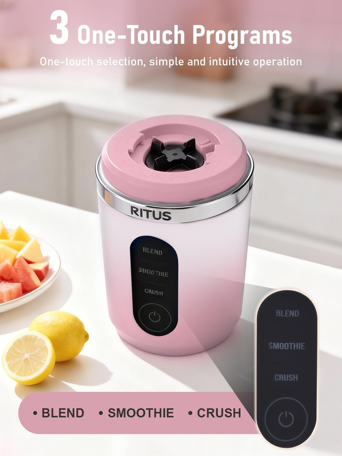 RITUS VORTEX Pro Portable Blender,Personal Blender w/Removable Vessel-for-Smoothies Blend Ice Crush 3 Programs,Cordless 20oz BPA Free Vessel Magnetic-Ring Dishwasher Safe, Leakproof，Pink