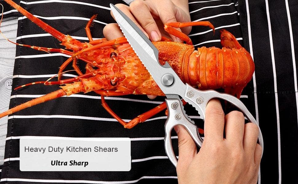 Heavy Duty Sharp Kitchen Scissors, Dishwasher Safe, Cooking Shears for Meat, Chicken, Fish, Poultry, Herb, Bread (Silver)