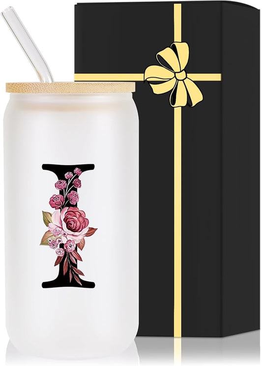 Monogrammed Glass Drinking Cup With Lid Straw Women Thank you Appreciation Gratitude Gifts Female Teacher End of Year School Bus Driver Nurse Pastor Team Mom Coach Crossing Guard Scout Leader Doctor,I