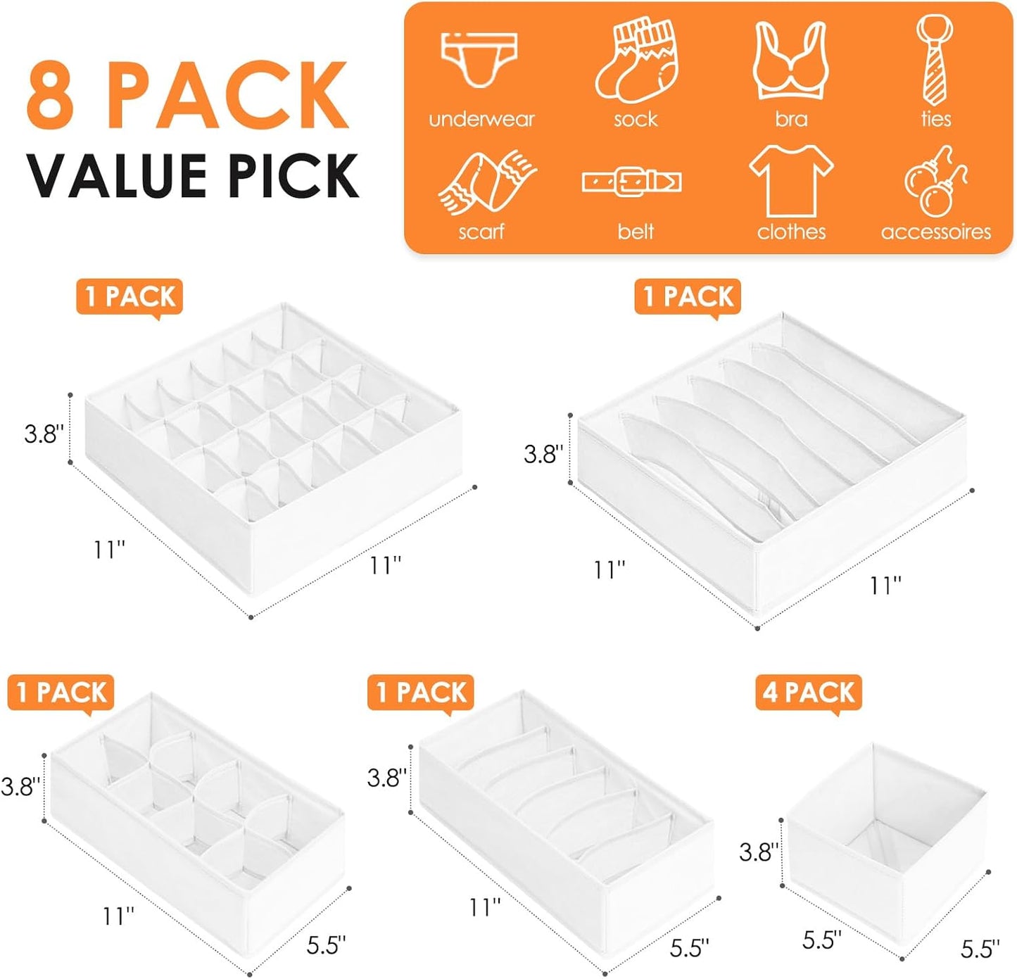 Drawer Organizer Clothes, 8 Pack Dresser Organizer Bins for Baby Clothes, Underwear Sock, Fabric Closet Organization and Storage Dividers for Nursery Bedroom (96 Compartments, White)