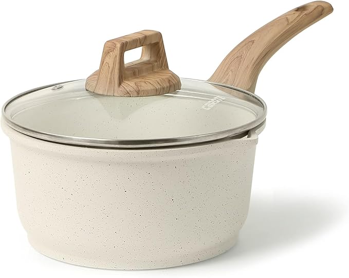 CAROTE 2Qt Sauce Pan Sets with Lid Cooking Pots Nonstick Saucepans Cookware Set with Pour Spout Small Kitchen Pot, Induction Comptable, Easy to Clean, PFOA FREE (White Granite)