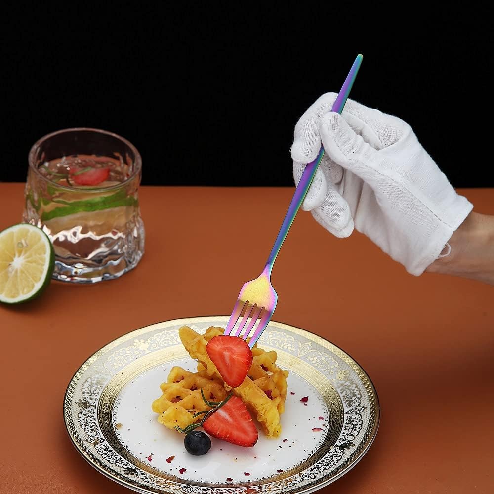 Matt Rainbow 6 Piece Stainless Steel 8.4'' Dinner Forks - Silverware Set, Dessert, Table, Salad Forks - Dishwasher Safe