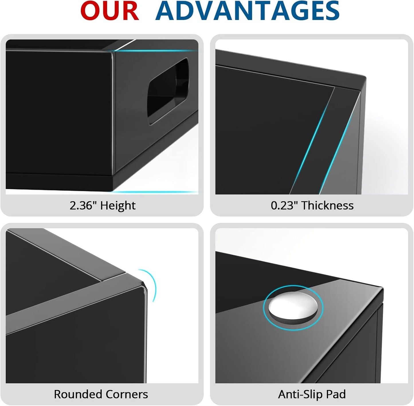 Acrylic Serving Tray with Handles-16x12x2.36Inch-Decorative Tray Letter Tray Organizer for Ottoman Coffee Table Countertop, Black