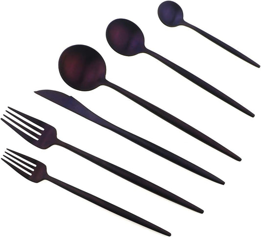 Gugrida Luxury Silverware Royal Cutlery Set - 24 Piece Flatware Set - Service For 4 18/10 Stainless Steel - Matte Purple Finish w/Drinking Straw