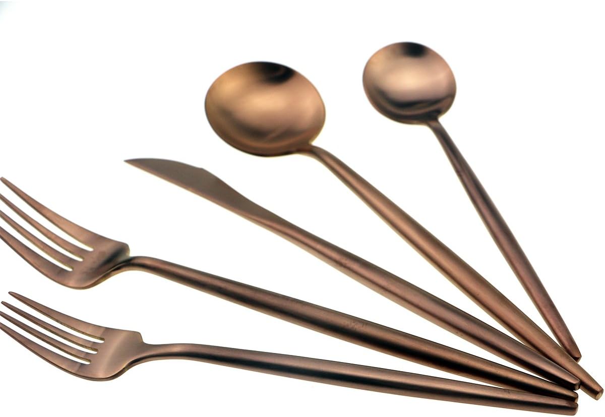 JASHII 18/10 Stainless Steel 5-Piece Matte Rose Gold Flatware Set,Dinner Knife Fork Salad Fork Dessert Spoon, Service for 1, Luxury Silverware Cutlery Utensil Sets