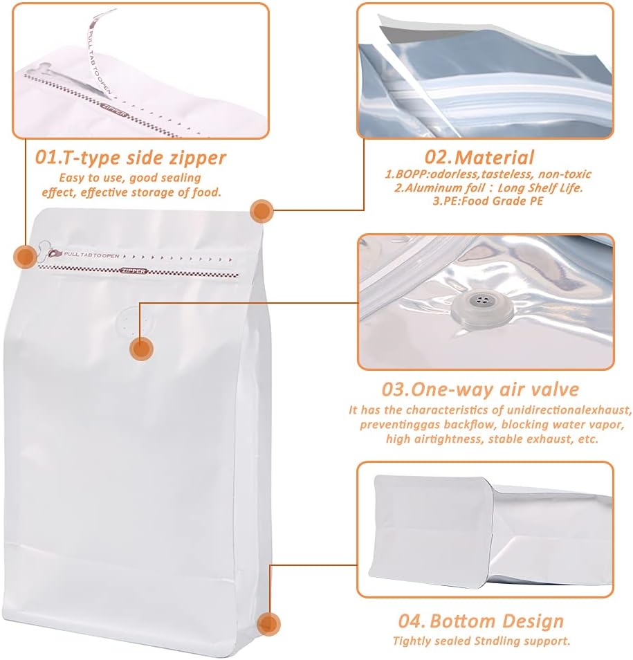 REMTAP Coffee Bags with Valve(100pcs,16oz) White High Barrier Aluminumed Foil Flat Bottom Standing Coffee Beans Storage Bags,Reusable Heat Sealable Side Zipper Pouches for Home or Store