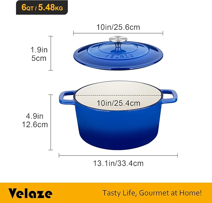 Velaze 6 QT Enameled Dutch Oven Pot with Lid, Cast Iron Dutch Oven with Dual Handles for Sourdough Bread Baking, Cooking, Non-stick Enamel Coated Cookware (Blue)