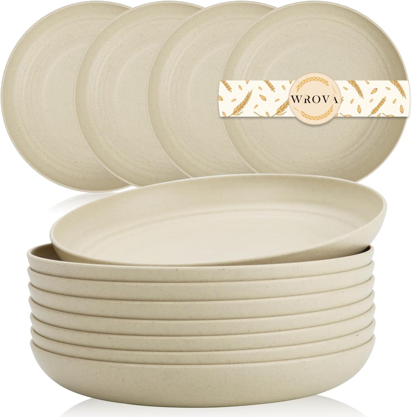 Wrova Wheat Straw Plates - 8 Inch Unbreakable Dinner Plates Set of 8 - Dishwasher & Microwave Safe Plastic Plates Reusable - Lightweight Small Plates for kitchen,R.V. (Beige)