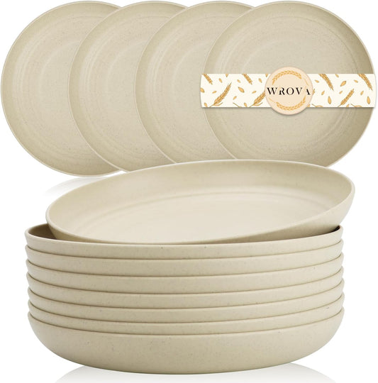Wrova Wheat Straw Plates - 8 Inch Unbreakable Dinner Plates Set of 8 - Dishwasher & Microwave Safe Plastic Plates Reusable - Lightweight Small Plates for kitchen,R.V. (Beige)