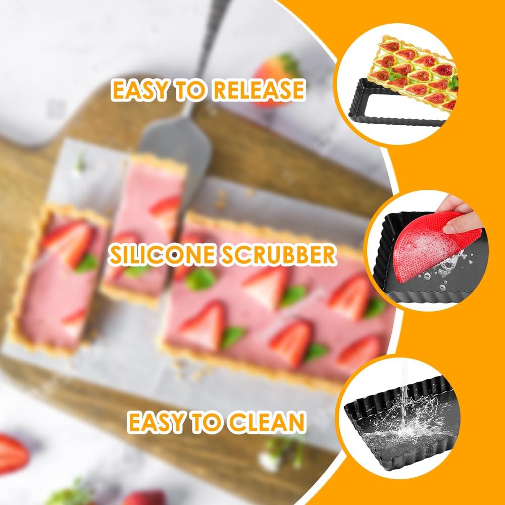 Tart Pan, 14 Inch Rectangle Tart Quiche Pan with Removable Bottom Nonstick Pie Pan with Oil & Dish Brush, Baking Tray with Loose Bottom for Fluted Pies, Quiche,Tart