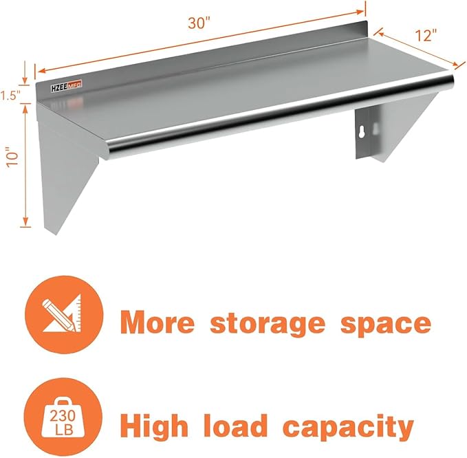 Stainless Steel Wall Mounted Shelf 12 x 30 inch Heavy Duty 250 lb Metal Shelf, Commercial Food Service Storage Rack Shelves for Kitchen, Restaurant, Laundry Room and Home