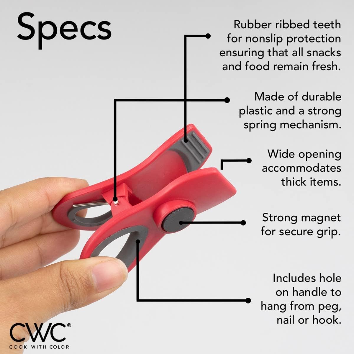 COOK WITH COLOR Bag Clips with Magnet- Food, Chip and Bag Clips for Food Storage with Airtight Seal Grip for Bread Bags, Snack Bags and Food Bags (Red, Pack of 10)