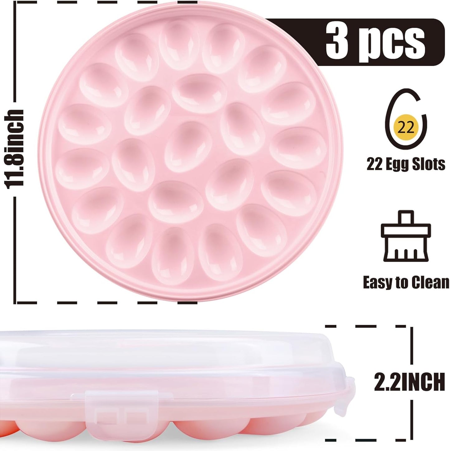 HANSGO Deviled Egg Containers with Lid, 3PCS Deviled Egg Platter Carrier Holder Trays with 66 Slots for Holiday Party and Home Kitchen, Pink