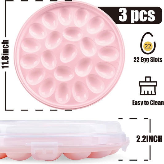HANSGO Deviled Egg Containers with Lid, 3PCS Deviled Egg Platter Carrier Holder Trays with 66 Slots for Holiday Party and Home Kitchen, Pink