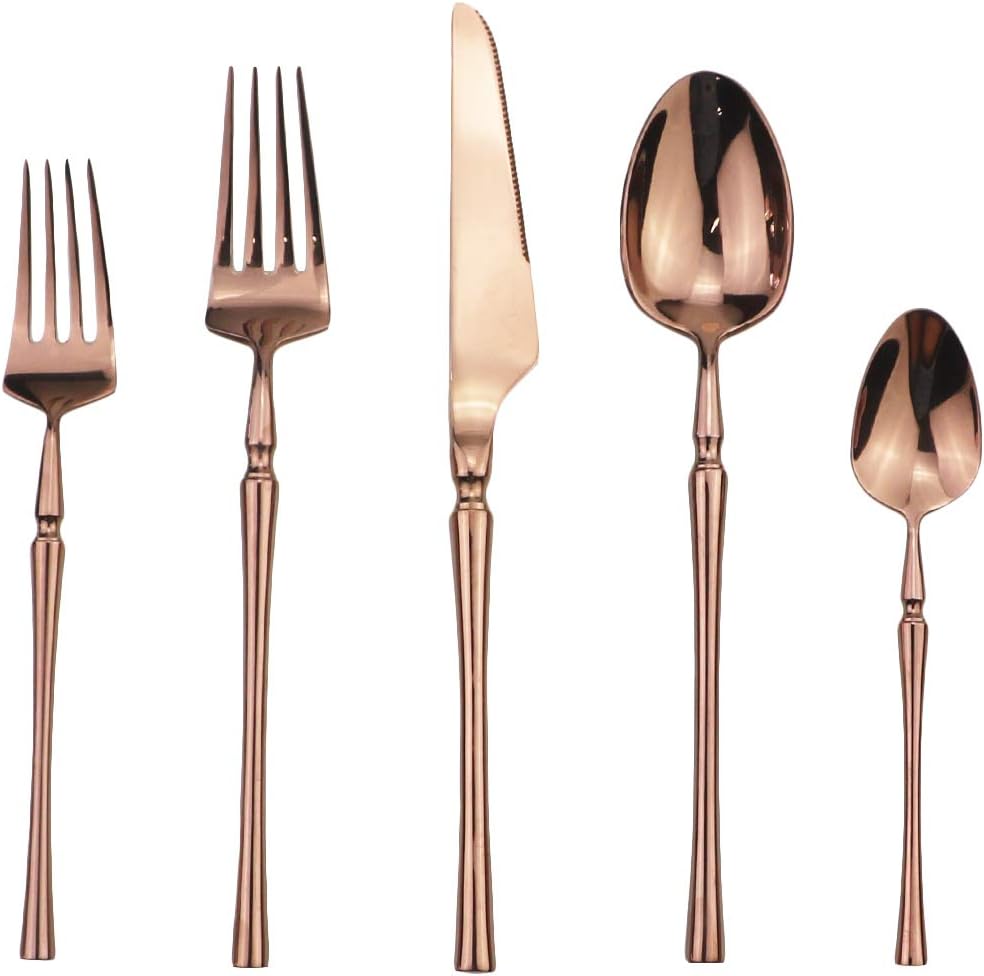 Gugrida Copper Silverware Set, 5-Piece 18/10 Stainless Steel Flatware Cutlery Set for 1,Mirror Finish, Ideal for Wedding Festival Party Home Kitchen, Dishwasher Safe