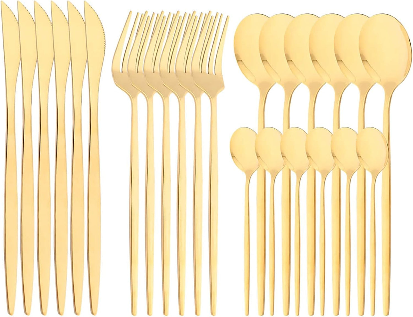24-Piece Mirror Gold Polished Flatware, 18/0 Stainless Steel Dinnerware Set Include Knife Fork Spoon Teaspoon Cutlery Set For Home Restaurant and Party Service For 6, Dishwasher Safe
