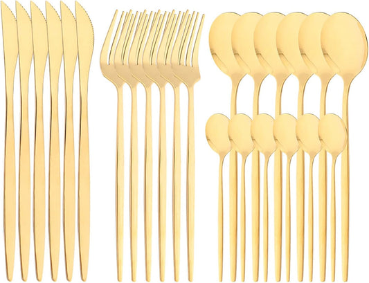 24-Piece Mirror Gold Polished Flatware, 18/0 Stainless Steel Dinnerware Set Include Knife Fork Spoon Teaspoon Cutlery Set For Home Restaurant and Party Service For 6, Dishwasher Safe