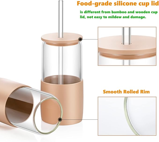 Sunseeke Glass Tumbler with Straw and Lid, 16oz Ice Coffee Cup, Silicone Sleeve Cleaning Brushes, Drinking Glasses for Water, Iced Coffee, Smoothie -BPA Free -3Pack