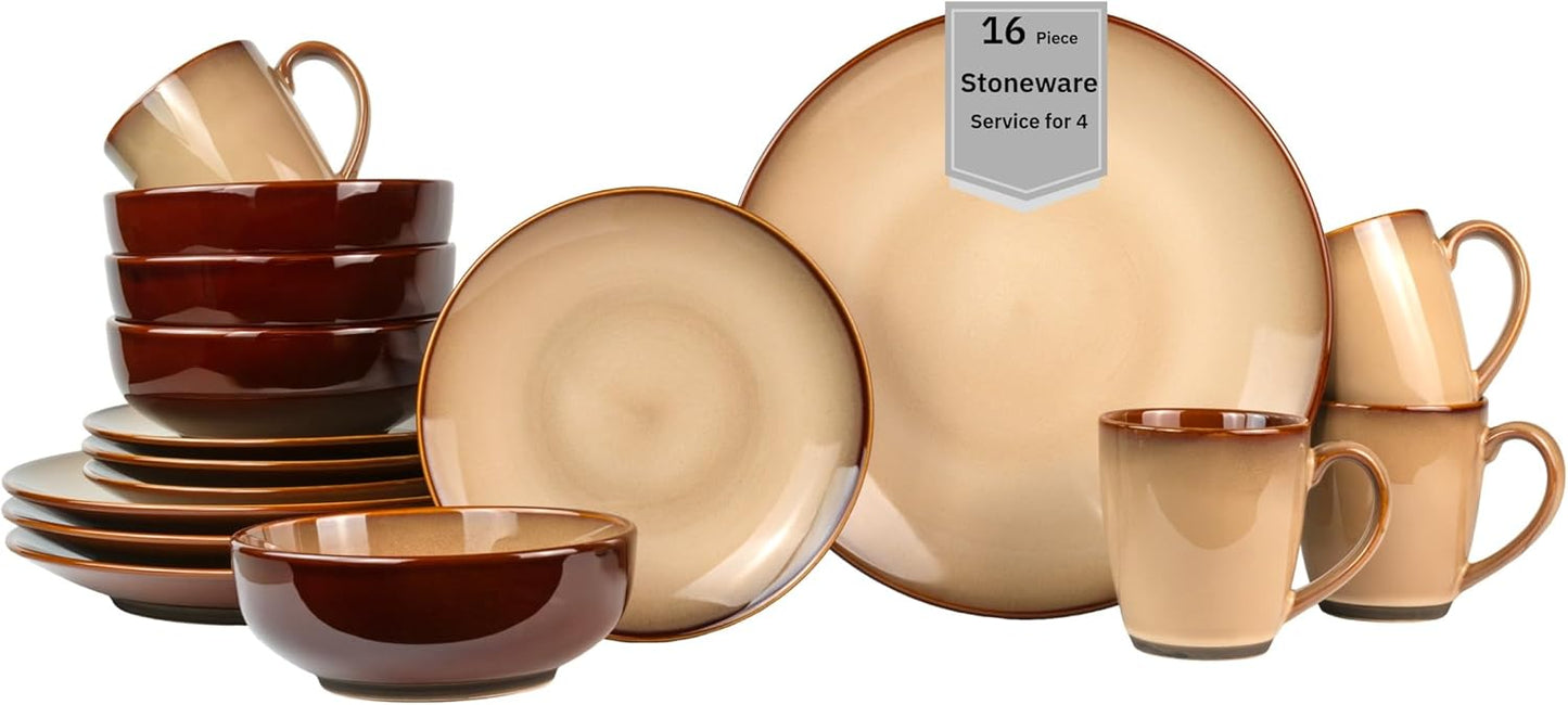 Sango 16-Piece Stoneware Dinnerware Set for 4, Reactive Glaze on Earthy Brown Plates and Bowls Sets, Ceramic Dish Set, Glossy Dishes & Coffee Mugs for Daily Dining, Microwave & Dishwasher Safe, Nova