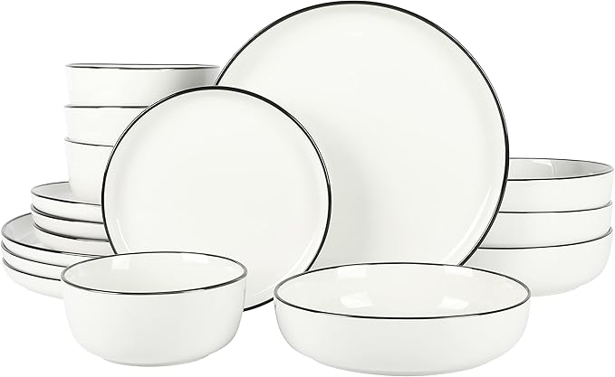 Gibson Home Oslo 16 Piece Porcelain Dinnerware Set,White w/Black Rim Rim, Service for 4 (16pcs)