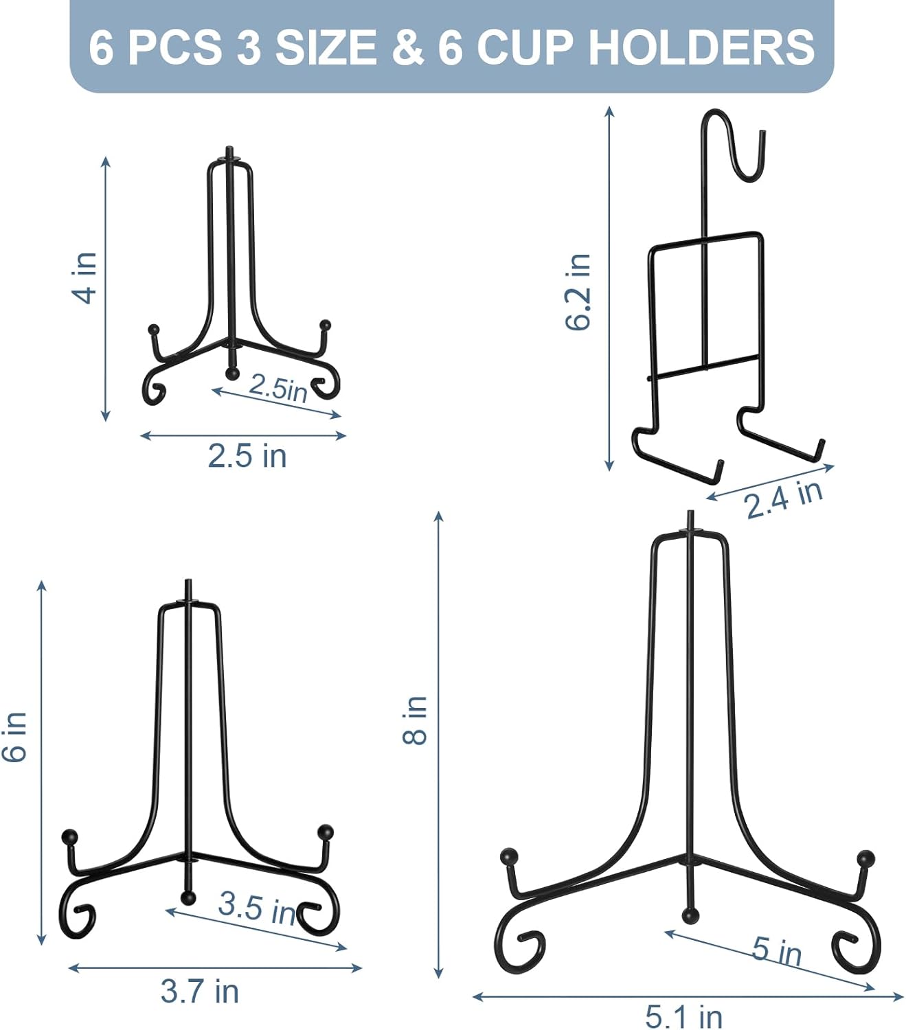 6 Pcs 3 Size Black Plate Stands for Display, 4 6 8 Inch Holder & Cup and Saucer Display Stand for Picture Frames, Book, Card, Mug Organizer, Bowl, Decorative Plates, Tablet, Art