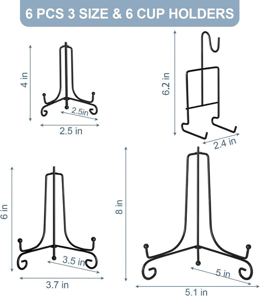 6 Pcs 3 Size Black Plate Stands for Display, 4 6 8 Inch Holder & Cup and Saucer Display Stand for Picture Frames, Book, Card, Mug Organizer, Bowl, Decorative Plates, Tablet, Art