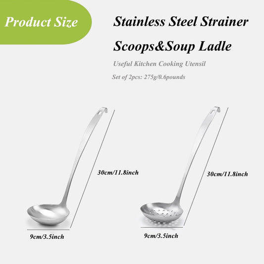 Cooking Ladles,Serving Scoop And Ladle Strainer Set Of 2 with Hook and Hole for Easy Hanging,Stainless Steel Soup Ladles Set for Kitchen