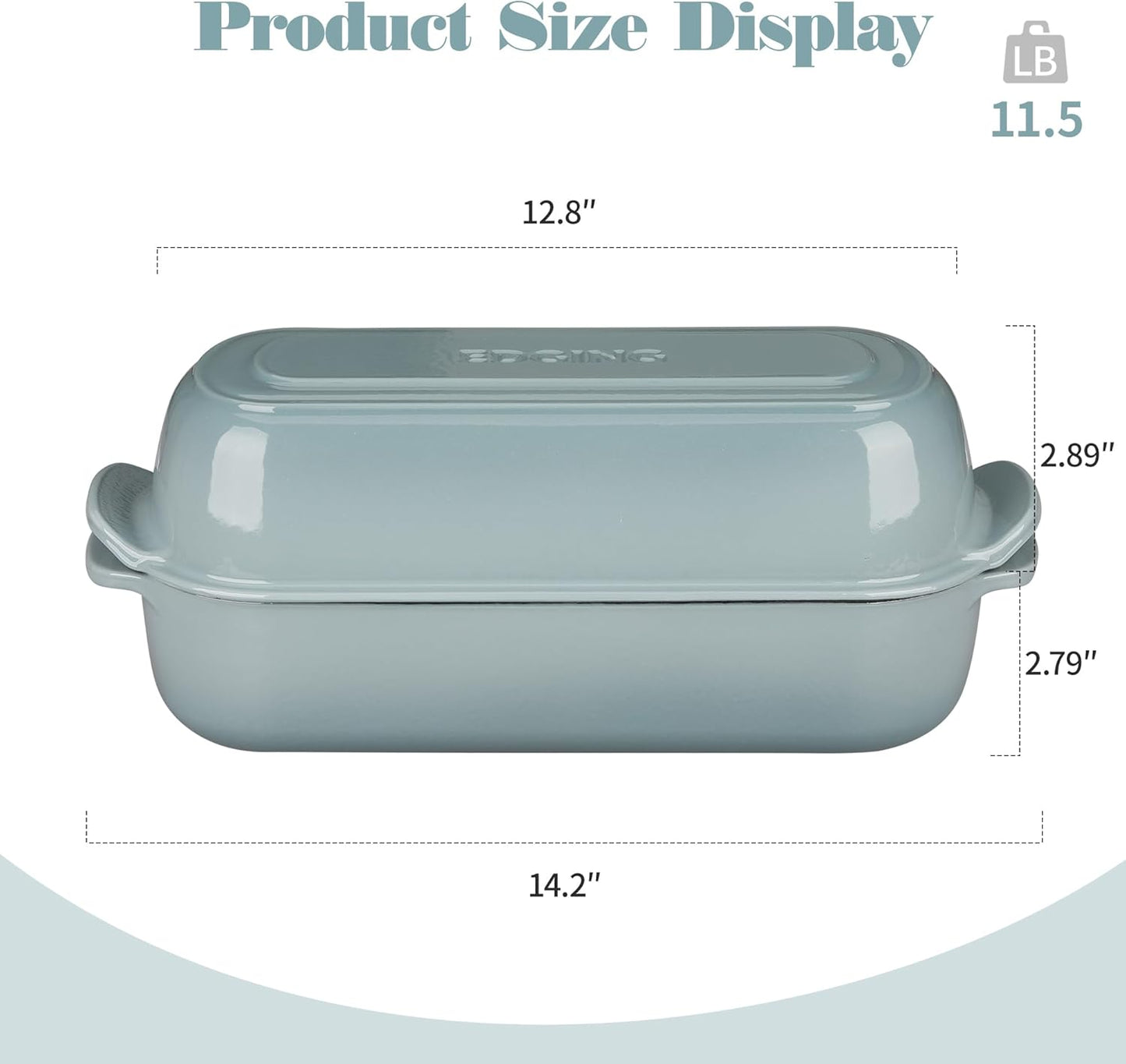 Enameled Cast Iron Loaf Pan with Lid, Dutch Oven Bread pan for Homemade Sourdough Bread Baking, 12.5x5.5 inch, 5qt, Seasalt