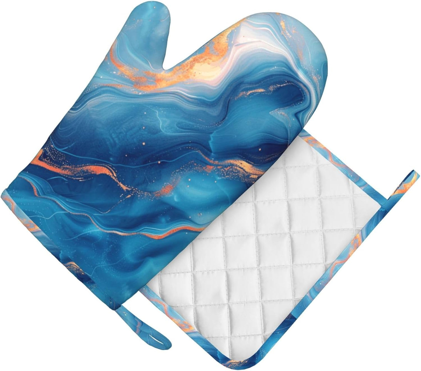 Oven Mitts and Pot Holders Blue Gold Marble Silicone Kitchen Accessories Set of 2 Heat Resistant Long Gloves Potholder Non-Slip Grip for Chef Cooking Baking Grilling BBQ