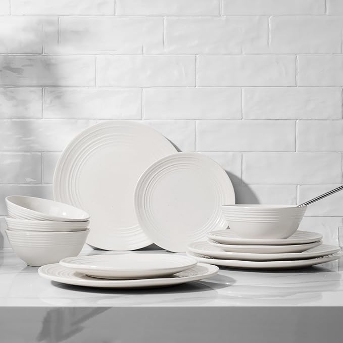 Famiware Plates and Bowls Sets 18-Piece Stoneware Dinnerware Sets, Dishes Set for 6, Hand-made Reactive Glaze Dish Set, Twilight Series, White
