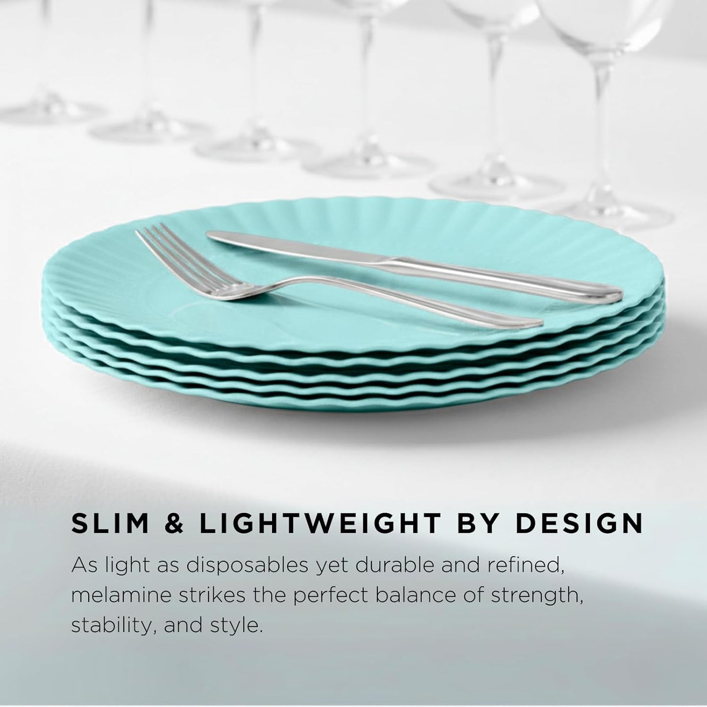 TP Melamine Dinner Plates Set of 8, 8” Salad Dessert Plates and 10.5” Dinner Plates, Dinnerware Set for 4, Indoors and Outdoors, Teal