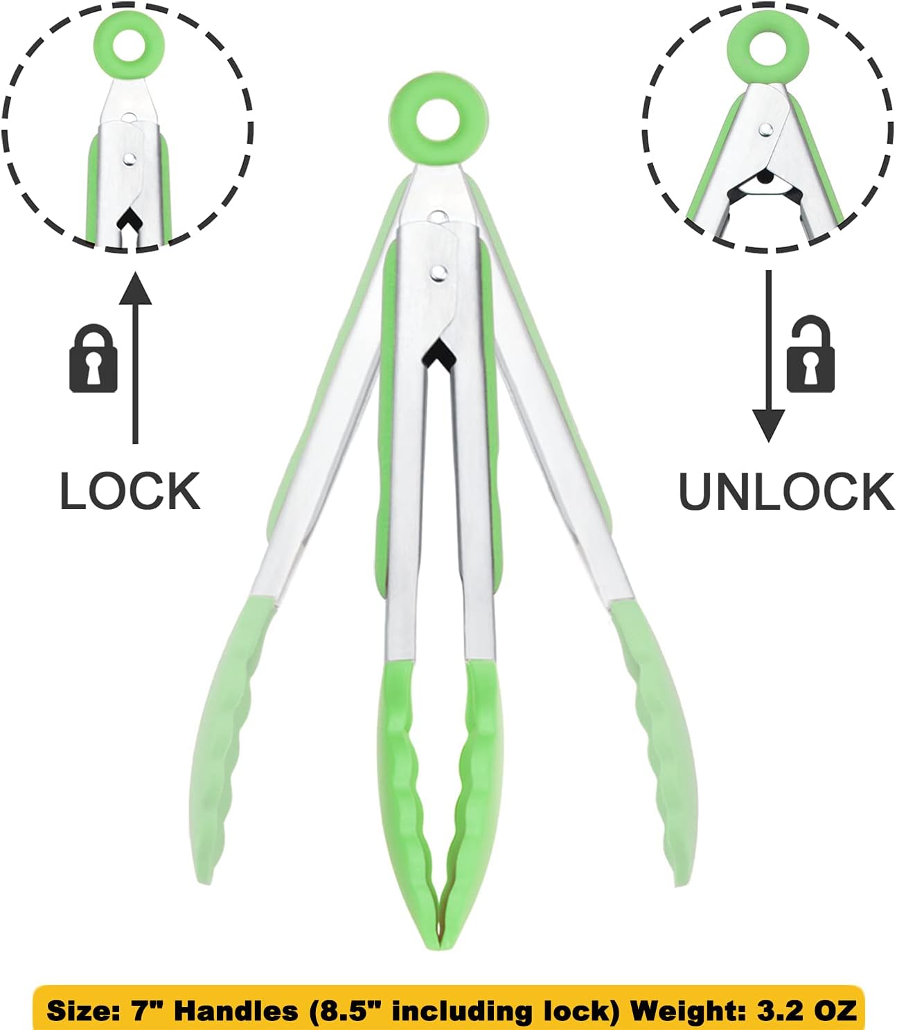 Mini Tongs with Silicone Tips 7 Inches Silicone Cooking Tongs, Set of 3 (Green)